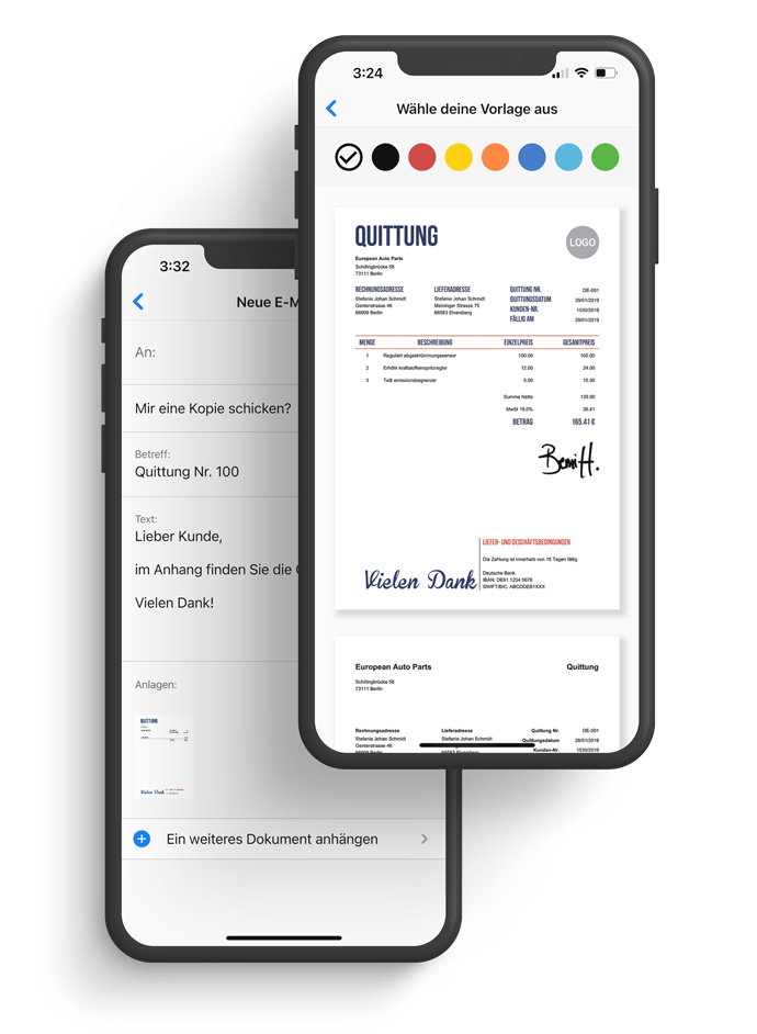 Die Invoice Home App Bild, welches zwei Beispiel-Bildschirme der Invoice Home App zeigt.