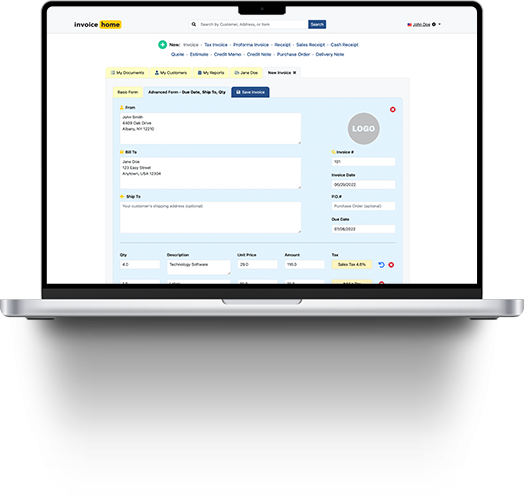 Página de Criação de Fatura da Invoice Home Desktop Exibição na tela de um laptop da criação de uma fatura com a Invoice Home.