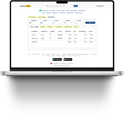Funcionalidade de relatórios da Invoice Home Funcionalidade de relatórios da Invoice Home exibido na tela de um laptop.