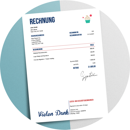Drucken Sie Ihre individuelle Rechnung aus und senden Sie sie per E-Mail an Ihre Kunden